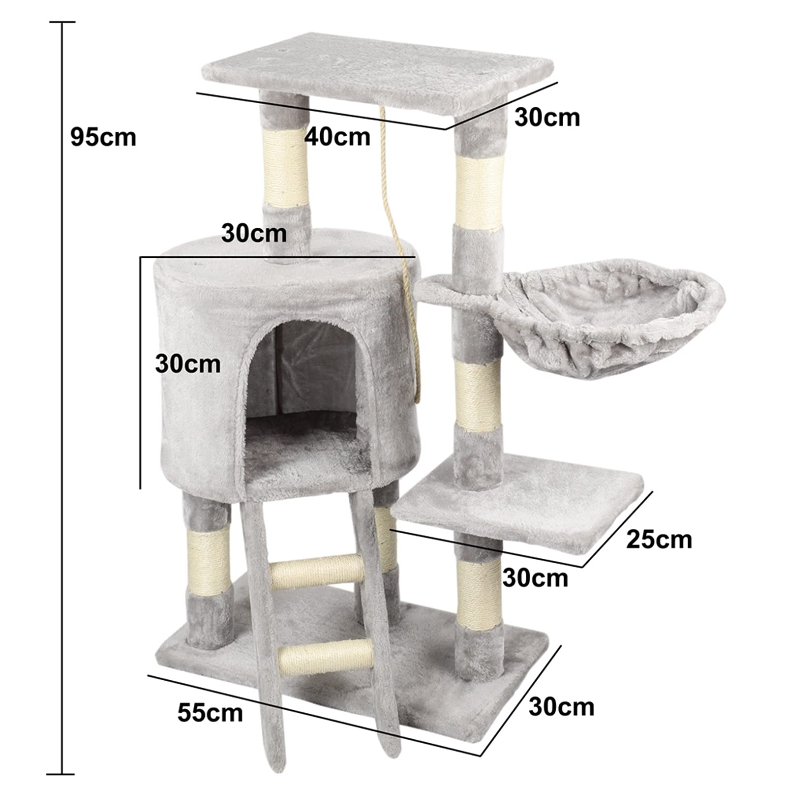 Árbol rascador para gatos, altura de 96 cm, con cuevas, superficies de descanso, escaleras y troncos de sisal, estable (C-gris)