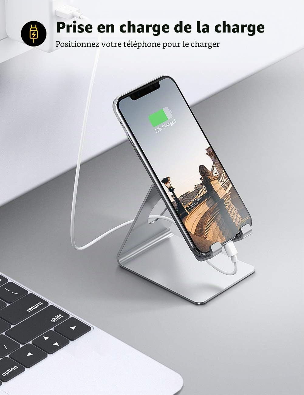 Lamicall Support Téléphone, Dock Téléphone - Support Téléphone Bureau pour iPhone 17 Pro Max Air, 16/15/14/13/12 Pro Max Plus Mini XS XR X 8, Huawei, Samsung S10 S9 S8, d'autres Smartphones - Argenté