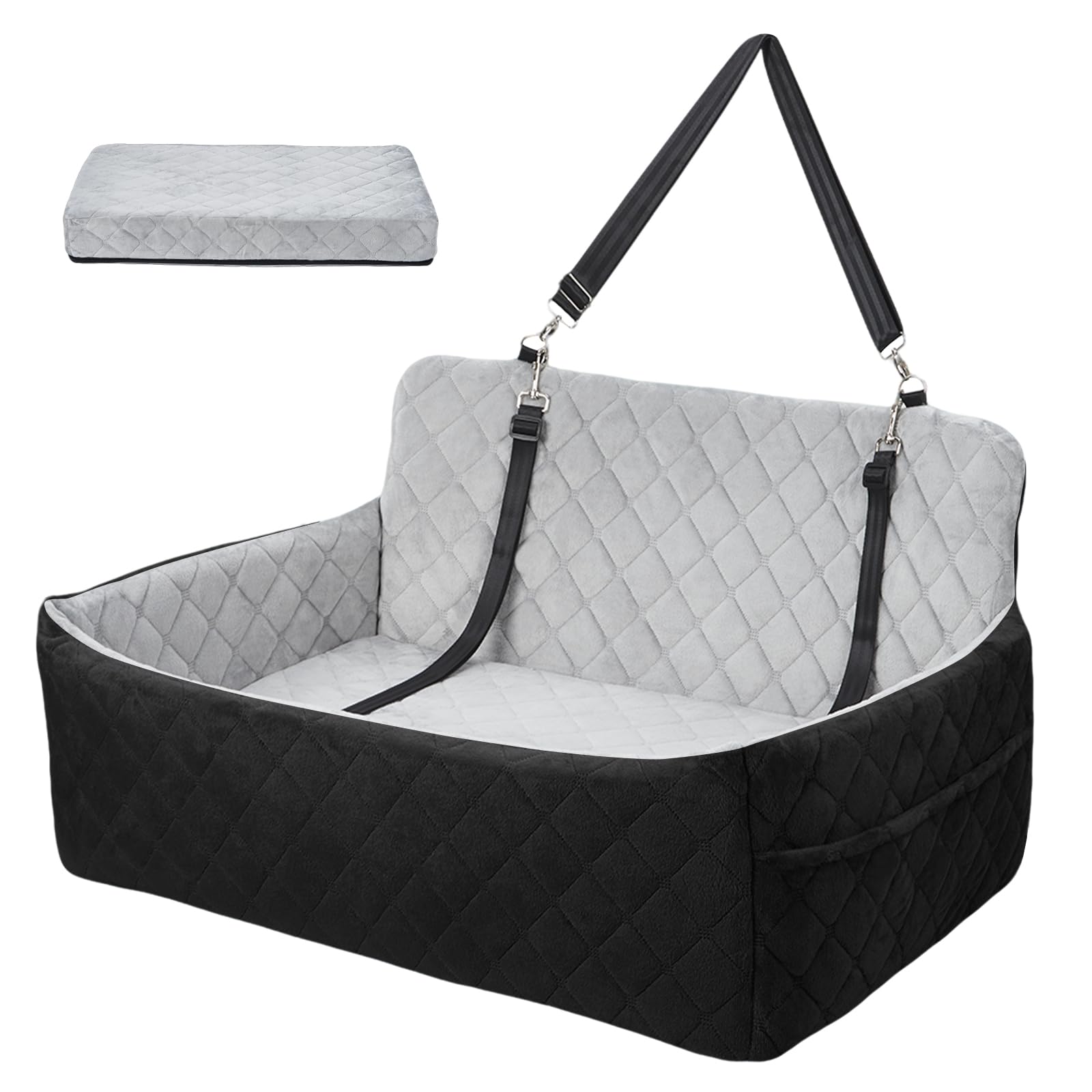 Aptliton Large Dog Car Booster Seat Up to 55lbs, Waterproof Pet Car Seat with Memory Foam, Non-Slip Bottom & Storage Pockets, Detachable Washable Dog Travel Bed for Car Back Seat Trunk Indoor, Black