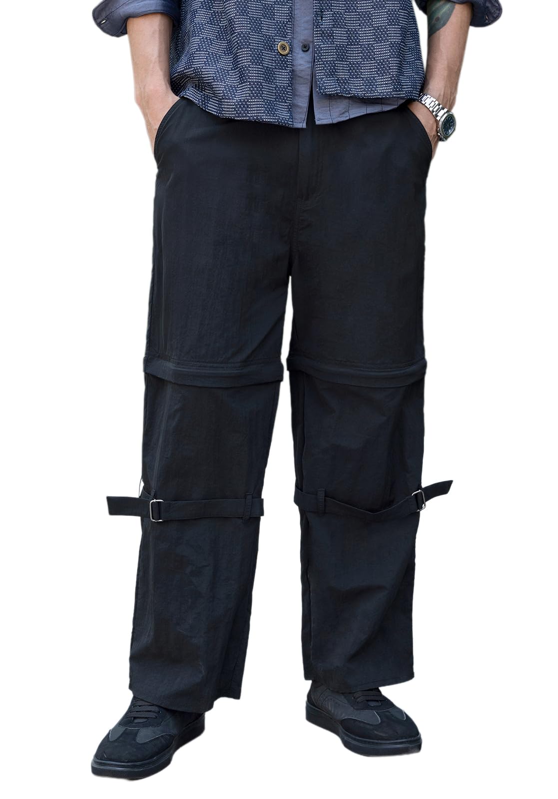 men strapped convertible wide-leg trousers | mid rise, pull-on stretch waist | pull on, straight hem | solid plain | polyester fabric for casual black