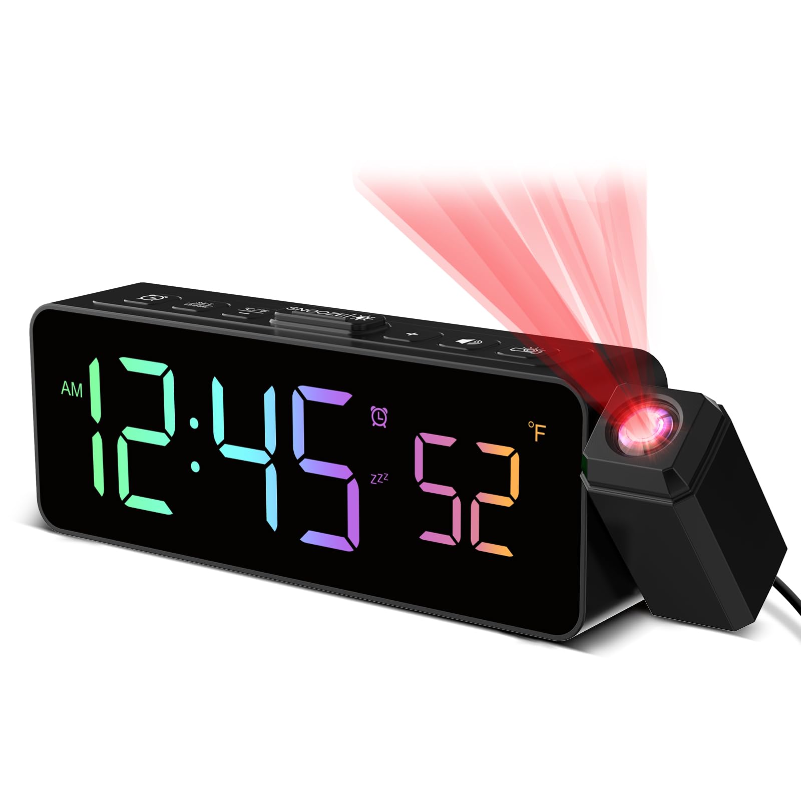 Projection Alarm Clocks for Bedrooms, Digital Clock with Temperature, 180° Projector, RGB Display, 4-level Brightness, 3-level Volume, 12/24H, Plug In Alarm Clock Bedside Projector on Ceiling Wall
