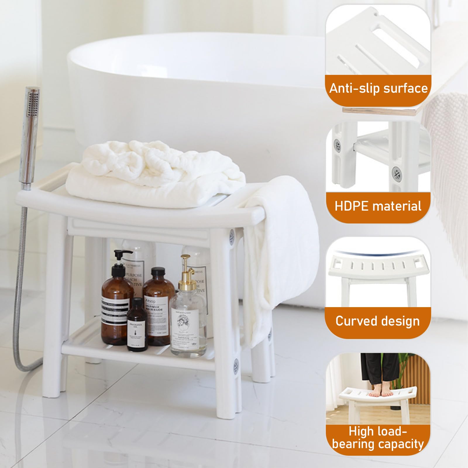 Silla de ducha impermeable, taburete de ducha impermeable con asidero, taburete de baño con soporte para el cabezal de ducha, silla multiusos con capacidad de carga de 150 kg, 56 x 32 x 46 cm (blanco)