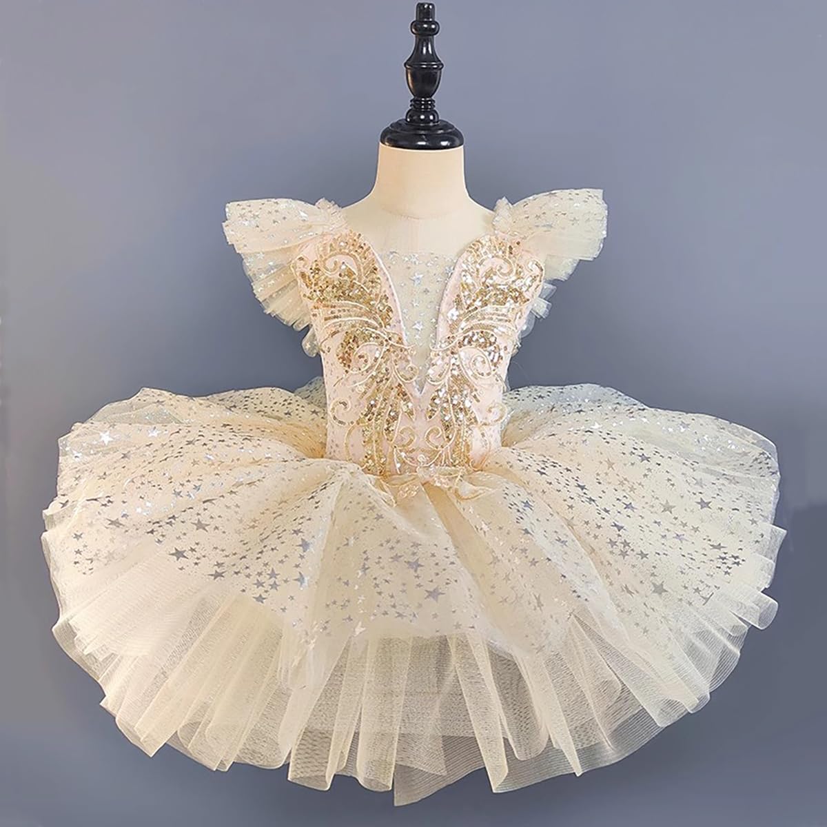 Dziecięcy trykot baletowy tutu, spódniczka z cekinami, łabędź, sukienka księżniczki, strój do tańca, 130 cm, beżowy