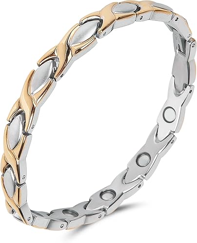 Pulsera magnética para mujer para artritis, pulseras de acero inoxidable con imán Gauss 3500, joyería con herramientas ajustables (plata a oro)