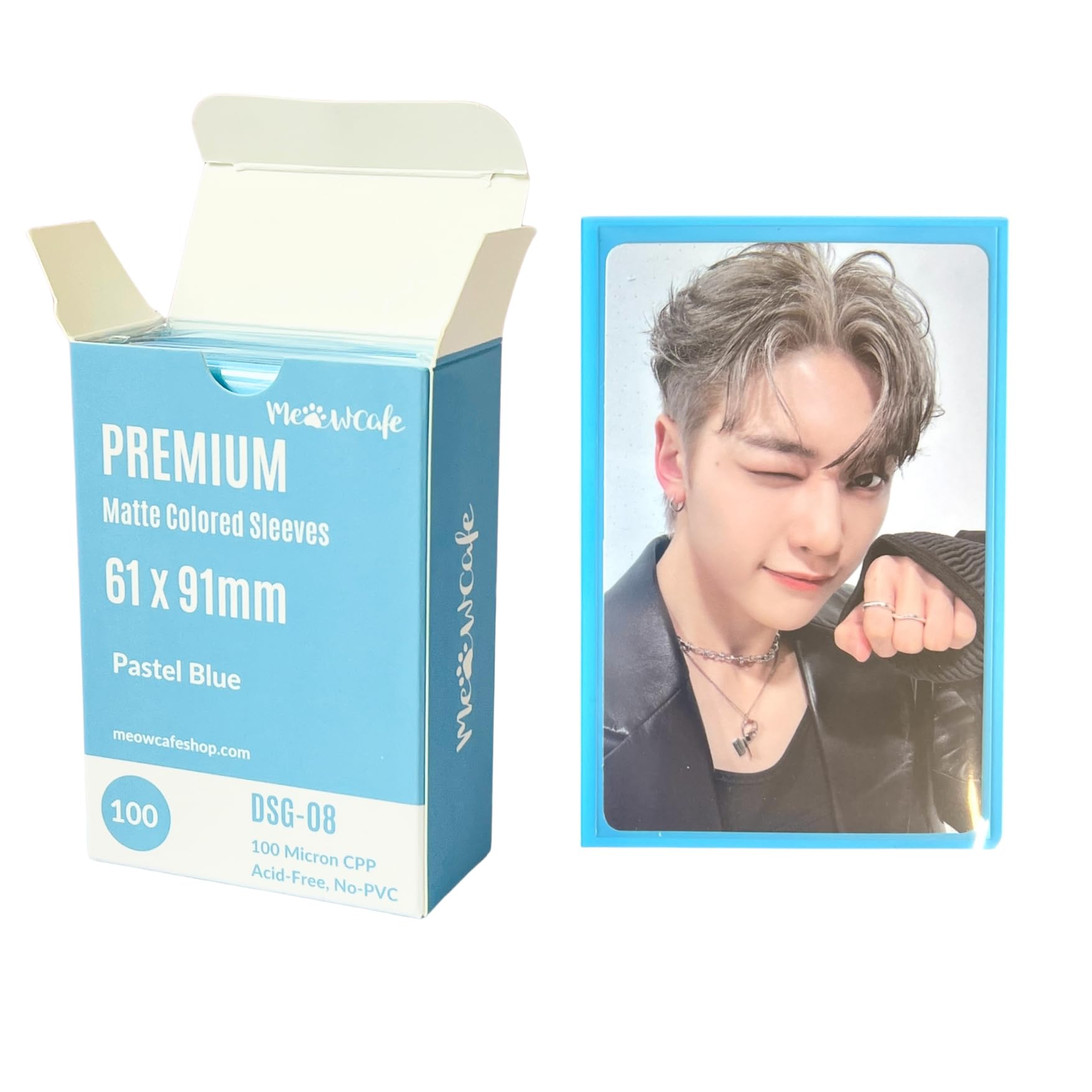 MEOWCAFE Premium 61x91mm Colored Sleeves for Double Sleeving Kpop Photocard, Strong, Thick, High Clarity Kpop Photocard Sleeve, 100 Sleeves (Pastel Blue)