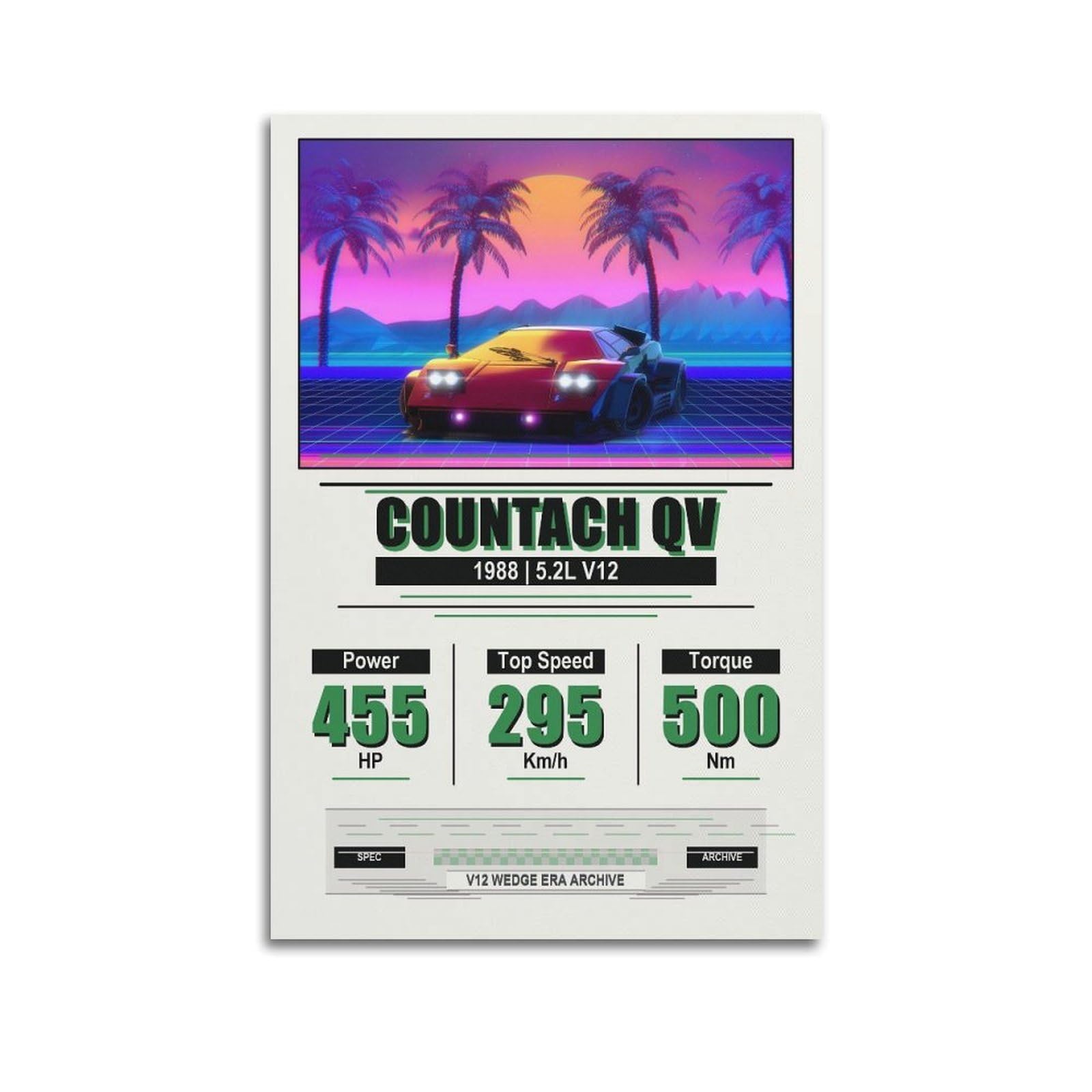 OKAHYS Retro Italian Supercar Poster Countach QV Neon Racing V12 Modern Decorative Canvas Prints - Ideal Wall Art for Family, Man Cave, Game Room, Boys & Girls Bedroom 12x18inch(30x45cm)