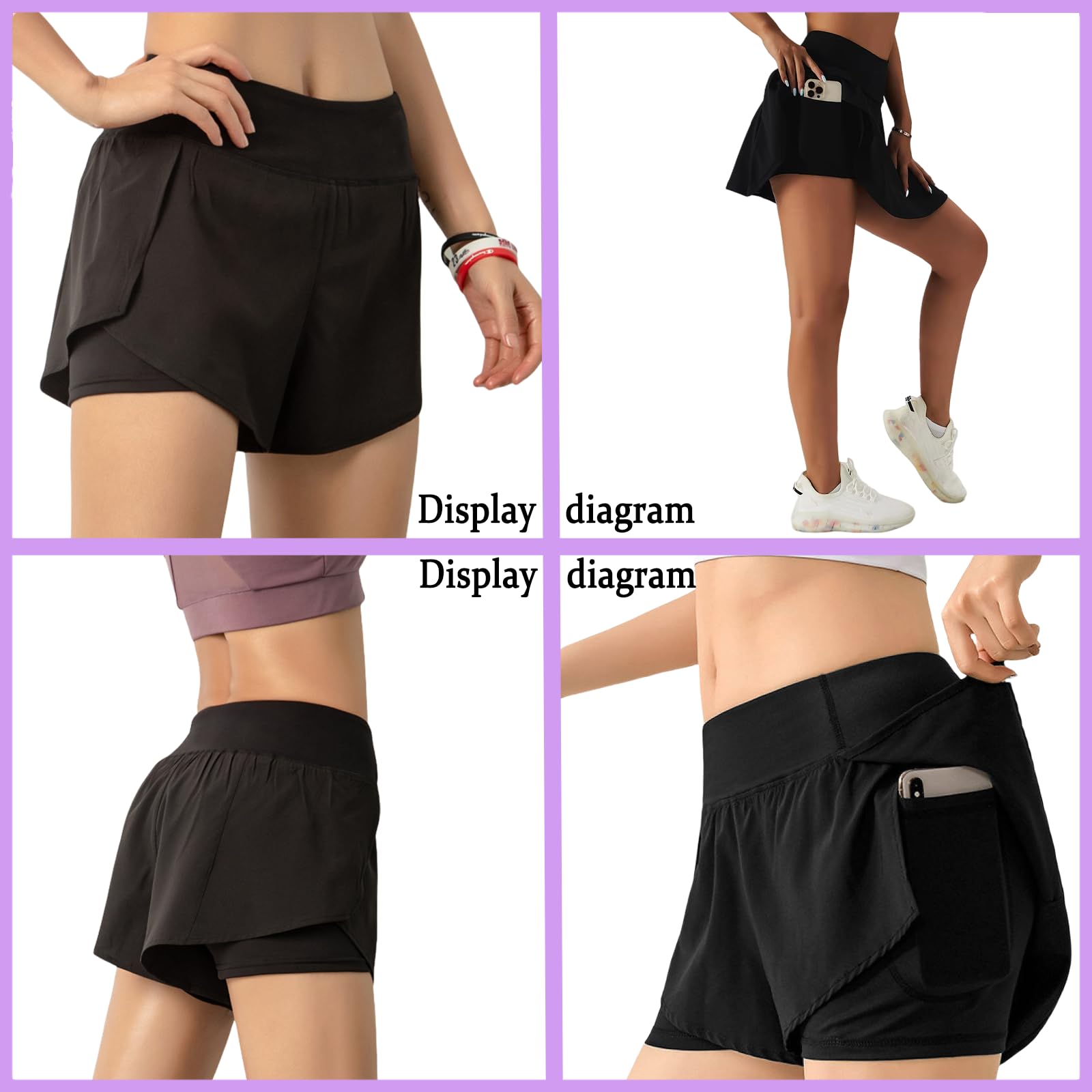 Pantaloncini da corsa 2 in 1 da donna con tasche, doppio strato, ad asciugatura rapida, elasticizzati, per sport, allenamento, jogging, palestra