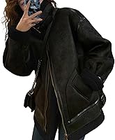 LOVEIMGS Women's Oversized Faux Suede Moto Jacket Sherpa Fleece Lined - Warm Aviator Shearling Fur Coat