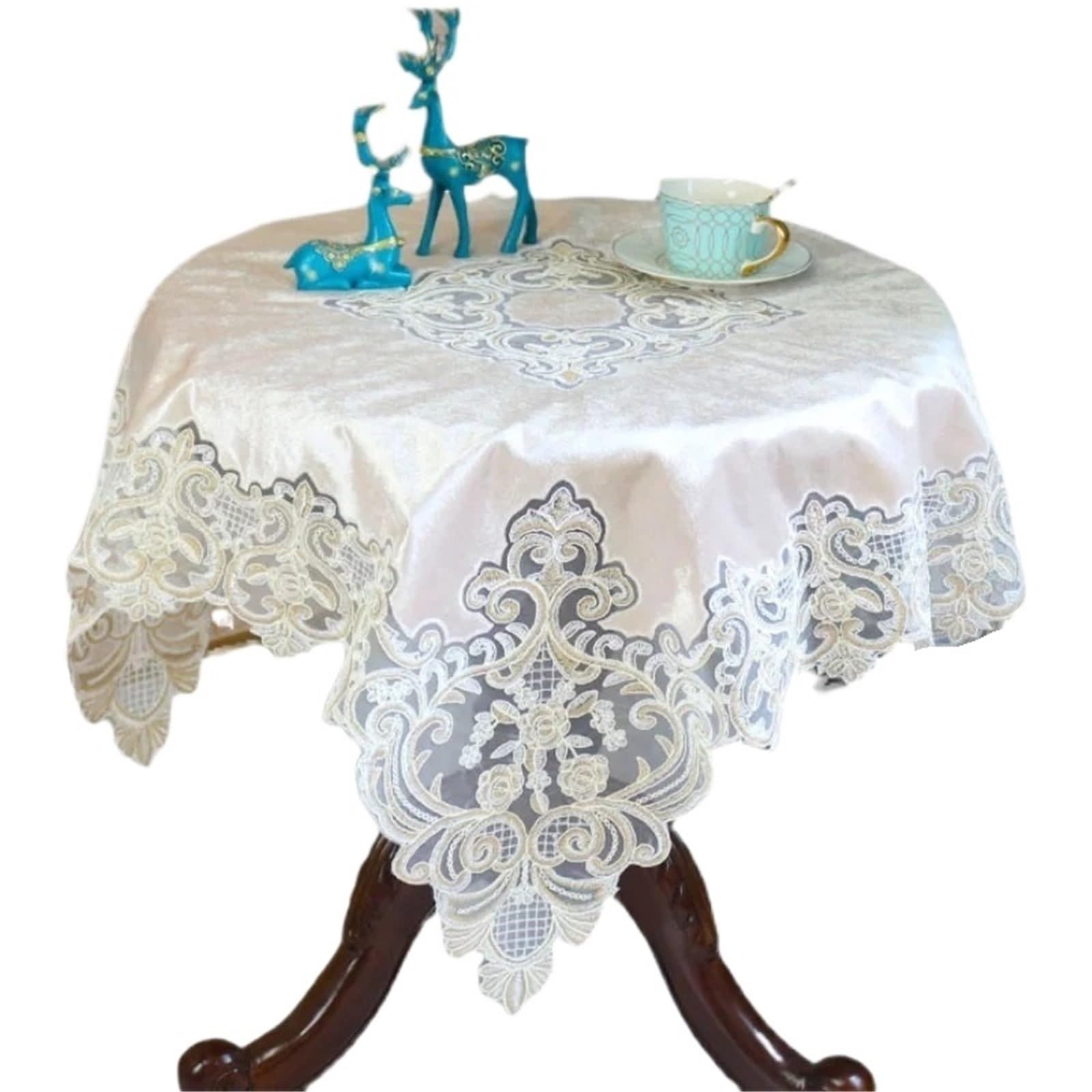 ZNTIHZ Luxury Lace Bedside Table Cover Embroidery Border Furniture Tablecloth Bedroom Round Decoration For Furniture Dresser(Beige,65x65cm)