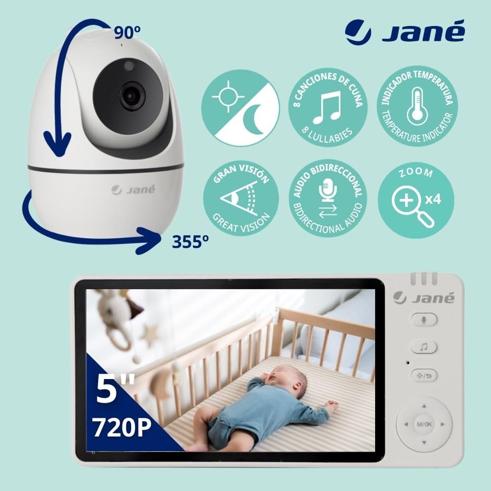 Jané Eye Pro Baby Monitor, elektroniczna niania z obrotową kamerą, przechylanie z silnikiem, ekran 5", dwukierunkowy dźwięk, noktowizor, duży zasięg, muzyka, niski pobór mocy baterii