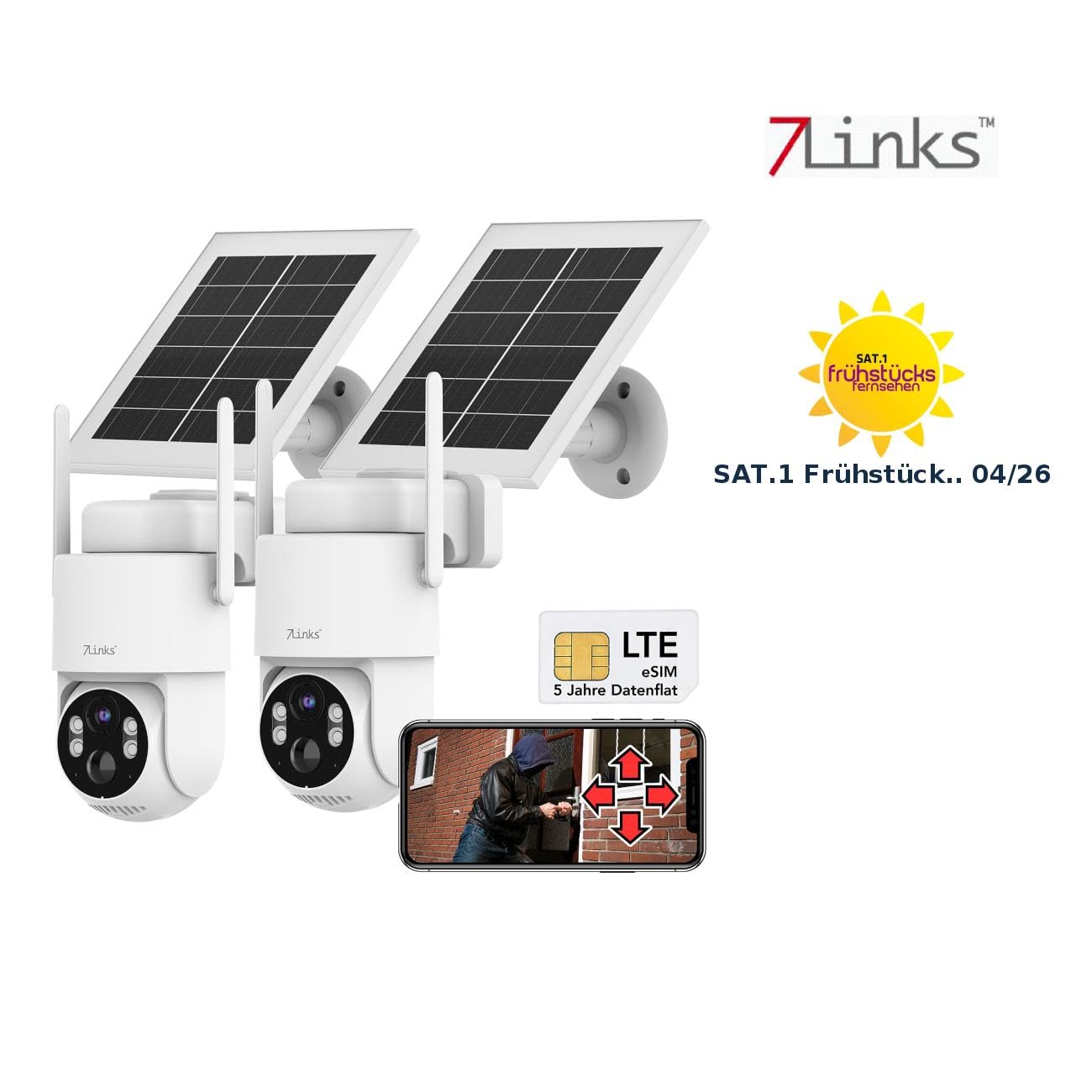 7links Überwachung Outdoor: 2er-Set 4G/LTE-Akku-Außenkameras, eSIM & 5 Jahren Datenflat, 2K, Solar (Akku Außenkamera, Kamera eSIM, SIM)