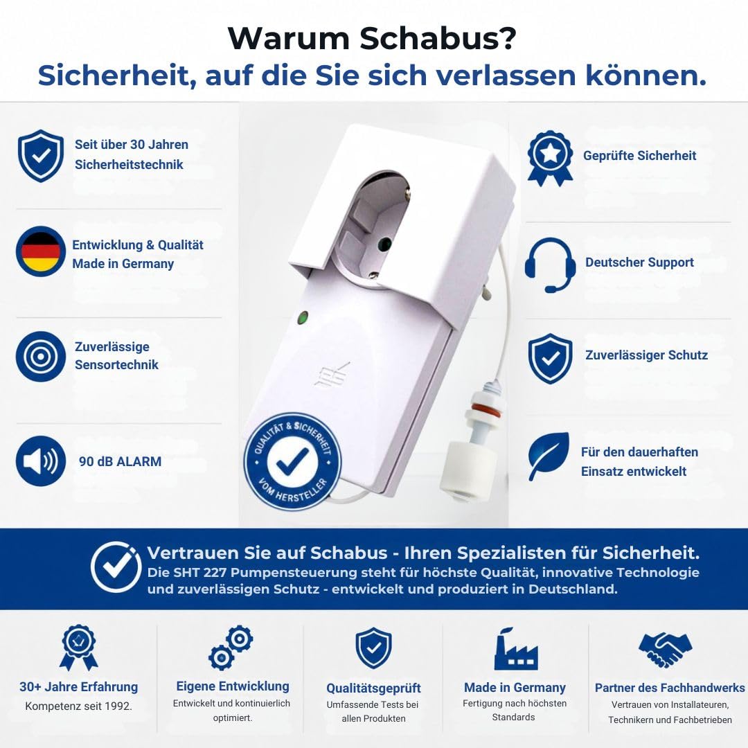 Schabus Wassermelder SHT 227 zur Pumpensteuerung, Steckdosengerät (230V) mit Schwimmerschalter, Akustischer und Optischer Alarm + Angeschlossenes Gerät wird bei Füllstandsänderung aktiviert