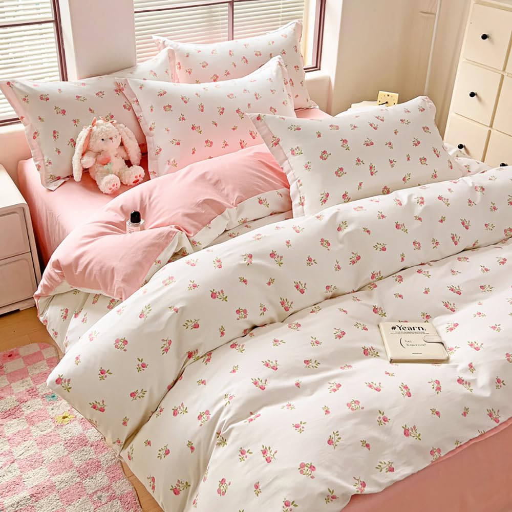 Nyescasa Duvet Cover King White Pink Floral Flowers Botanical Meadow Reversible Bedding Set Pink Flower Print Microfibre Comforter Cover 220x230 cm with Zipper Closure and 2 Pillowcases 50x75 cm