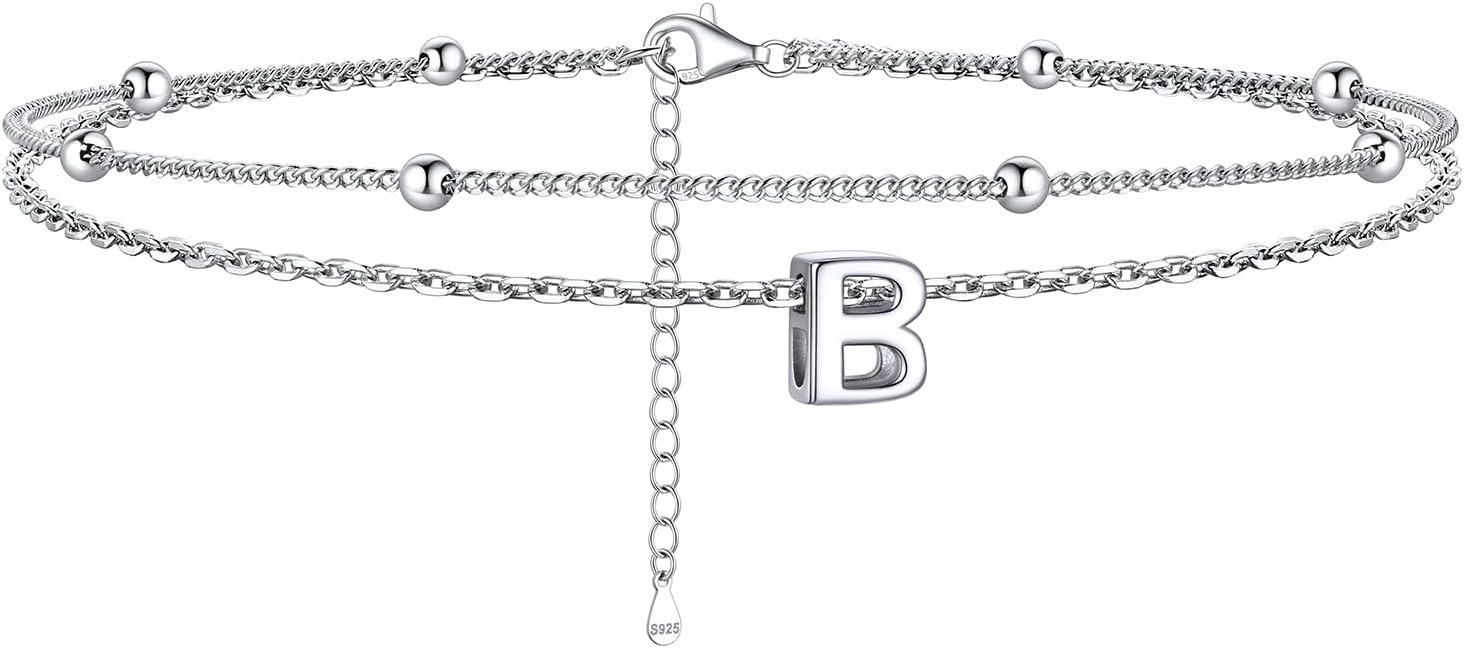 ChicSilver Ankle Bracelets for Women Waterproof, 925 Sterling Silver Initial Anklets for Women, Adjustable Dainty Layered Anklet Beach Jewelry for Women Mom Wife Friend