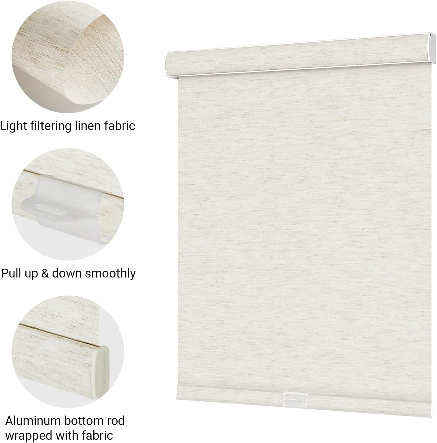 Custom Size Free-Stop Cordless Roller Blinds for Windows Blinds Light Filtering Roller Shades for Windows Natural Woven Linen Fabric UV Protection Shades for Home,Office,Linen Cream,83" W × 56" H