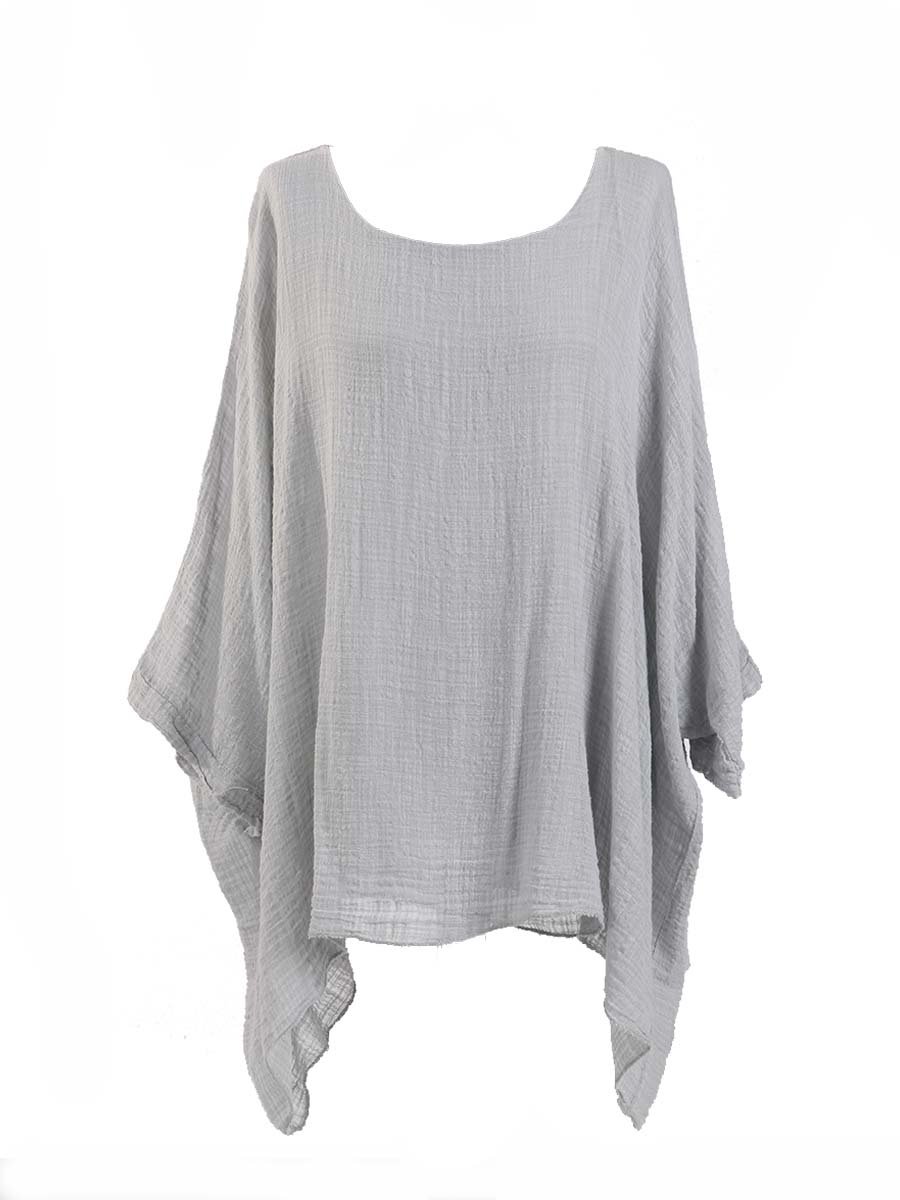 Lushstyleuk Women's Grey New Lagenlook Batwing Top Plain Linen Tunic Top Plus Sizes (Grey)