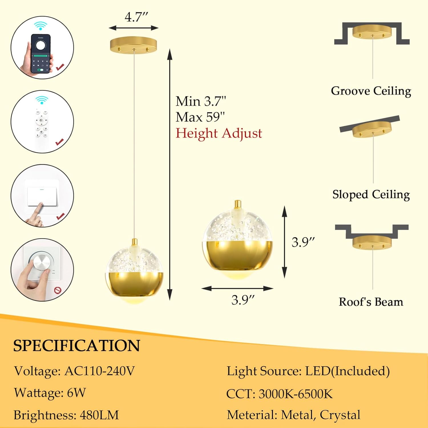 Modern Pendant Light 1 Light Dimmable LED Crystal Chandelier for Kitchen Island Gold Mini Globe Chandelier for Dining Room Bedroom