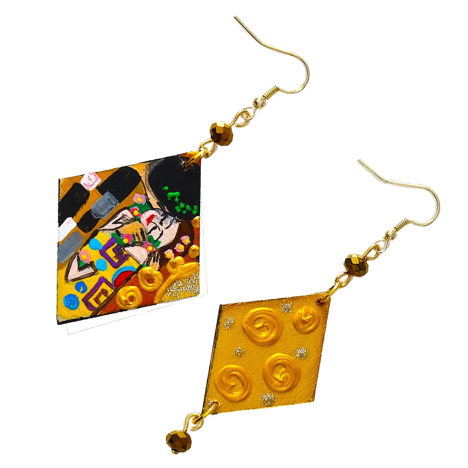 Orecchini dipinti a mano – IL BACIO DI KLIMT - Orecchini pendenti da donna asimmetrici, Gioielli in legno dipinti a mano, Gancio in argento, Made in Italy, Lavorazione Artigianale