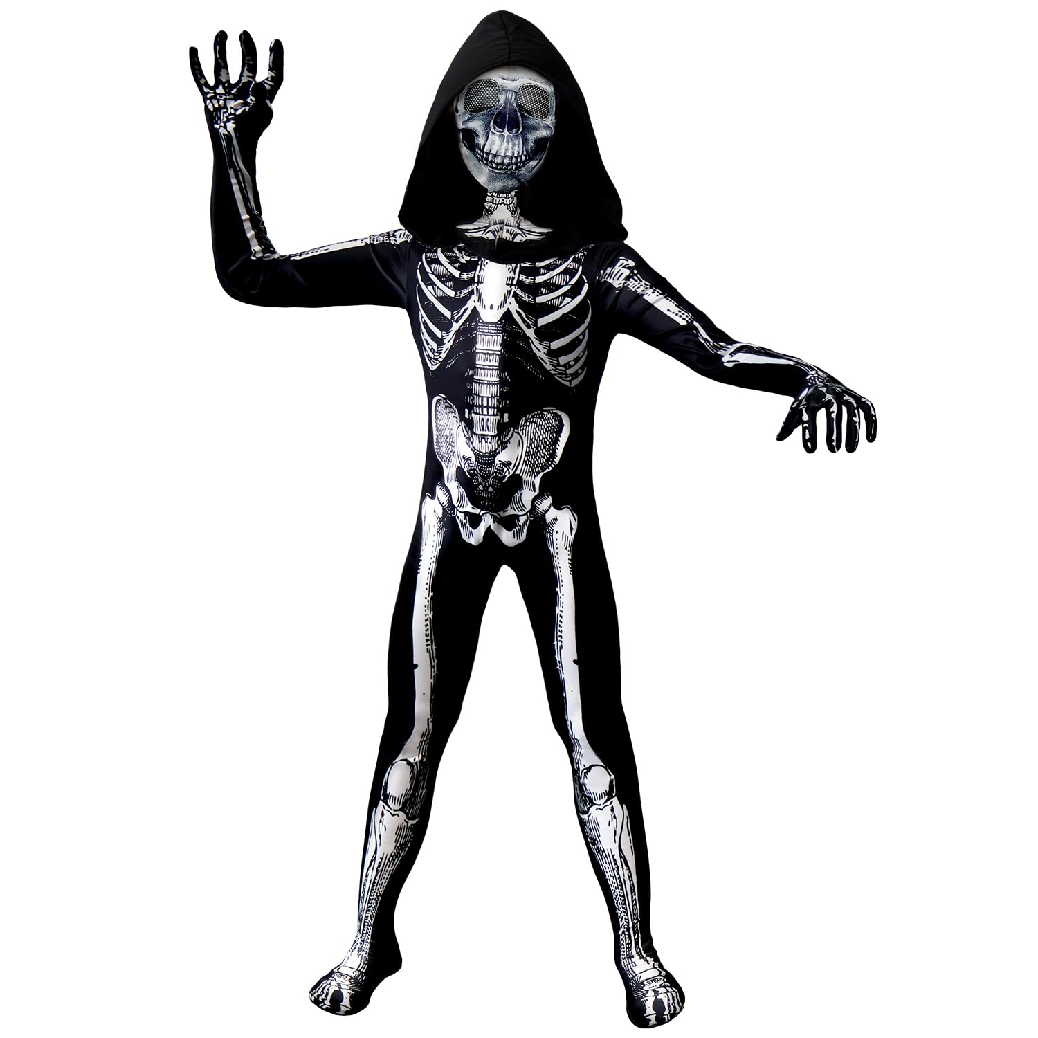 Disfraz de esqueleto de Halloween para niños, disfraz de esqueleto con capucha, huesos con máscara para niños y niñas, disfraz de cosplay de Halloween