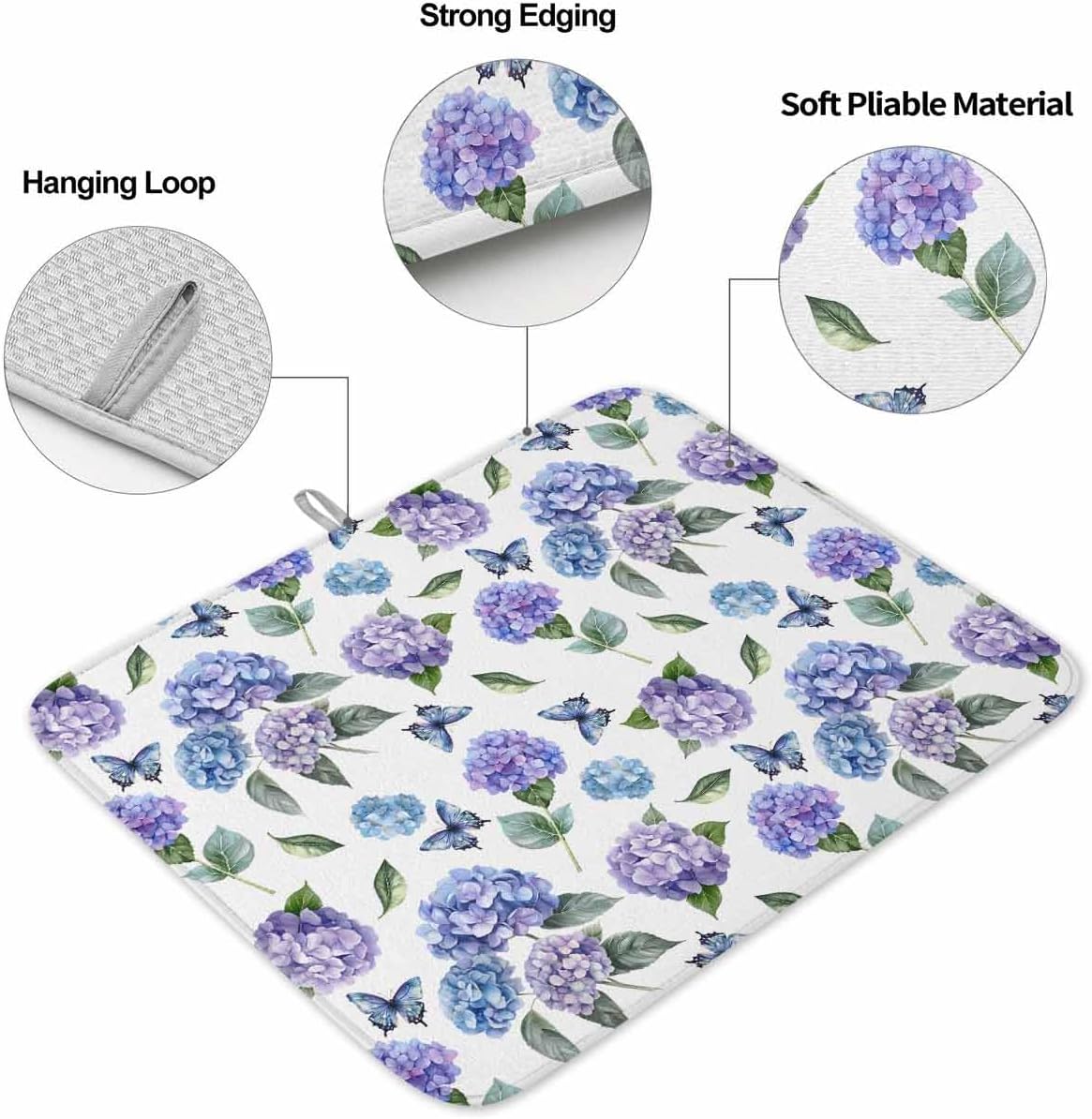 Dish Drying Mat for Kitchen, Retro Pastoral Hydrangea Butterfly Watercolor Absorbent Dish Drying Pad, Kitchen Counter Mat for Dishes Utensils Camping, 16"x18"(2 Pcs)