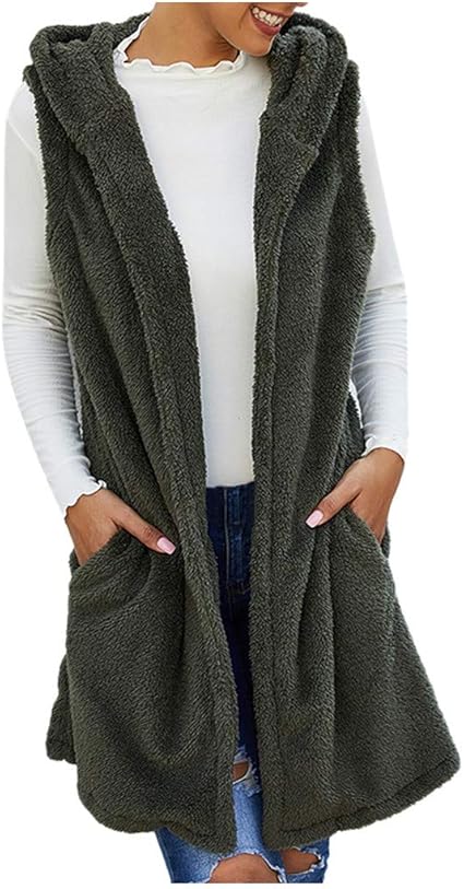 KaloryWee Femme Manteau Hiver Chaud Longue Coupe-Vent sans Manche Faux Fourrure Solide à Capuche ...