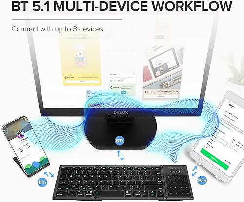 Miniatura 4 de DeLUX Teclado plegable de tamaño completo con 78 teclas, teclado Bluetooth inalámbrico con panel táctil 2 en 1, multidispositivo portátil de viaje y
