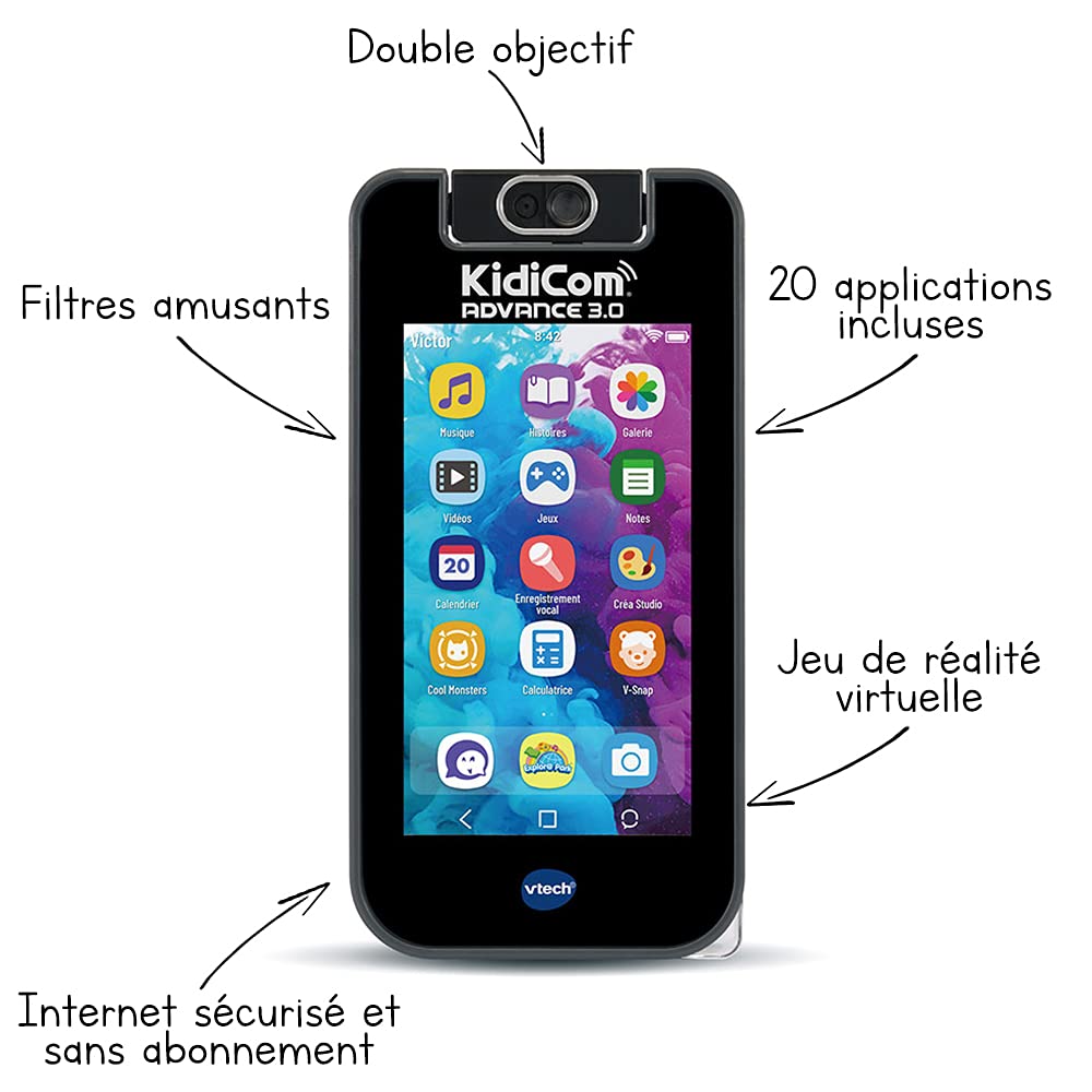 VTech - KidiCom Advance 3.0 Noir, Portable Enfant sans Forfait Sécurisé – 6/12 Ans – Contenu en Français