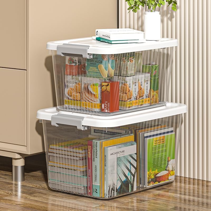 Image of Ash & Roh Stackable Transparent Storage Containers with Locking Lids, Clear Plastic Bins for Pantry, Office, and Bedroom Organization (Medium-25cm*34cm*18cm pack of 3)