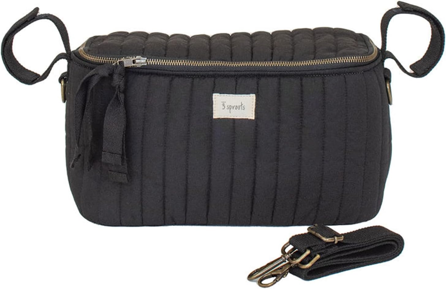 3 SproutsUniversal Quilted Stroller Organizer with Cup Holder and Zip Top - Durable Stroller Caddy Accessory with Storage - Shoulder Strap Converts Organizer to Small Diaper Bag, Black