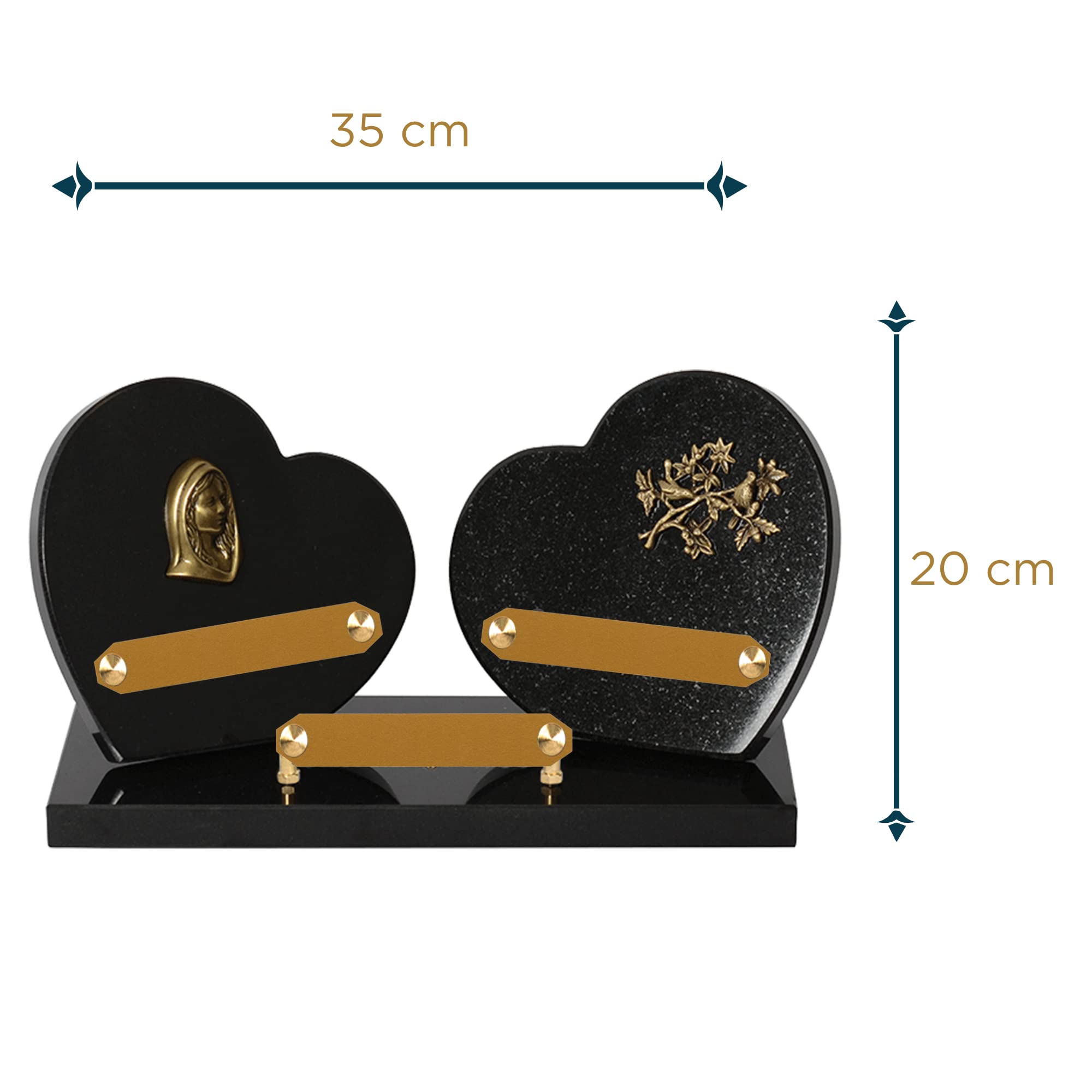 Plaque funéraire personnalisée coeur - Granit - assemblée en France - bronze vierge marie oiseaux - H 20 X L 35 cm - 3 textes