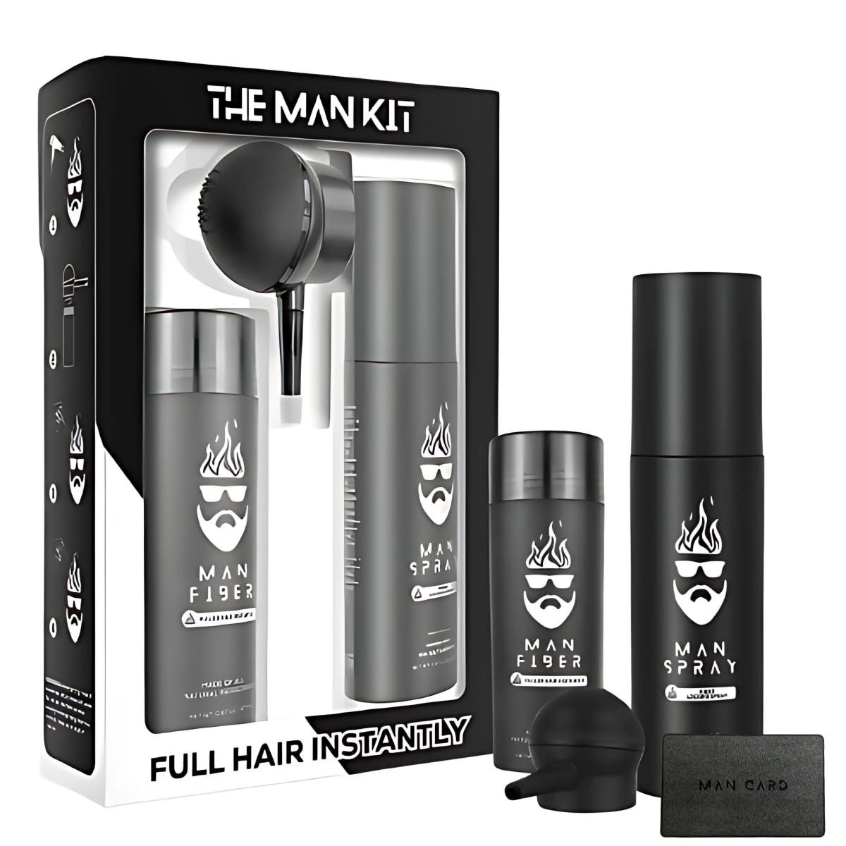 Hair Thickening Fibers (Black), Hair Fiber Locking Spray + Applicator Fiber Pump to create Natural looking Fuller Hair and Beard | Man Card Included | Hair Set by the THE MAN KIT