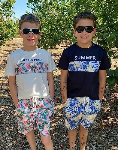 Image of GERU Boy Shorts Sets Hawaiian Outfit Kid Leaves Floral Short Sleeve Shirt Top+shorts Suits