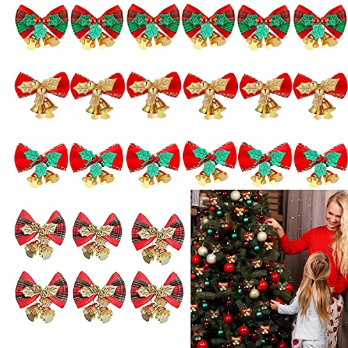24 Stück Weihnachtsschleifen, Mini Geschenkschleife mit Glocken, Zierschleifen in Rot Grün Kariert Glitter, Christbaumschmuck Set für Weihnachtskranz Weihnachtsdeko Geschenke Kunst Handwerk Homedeko Cover