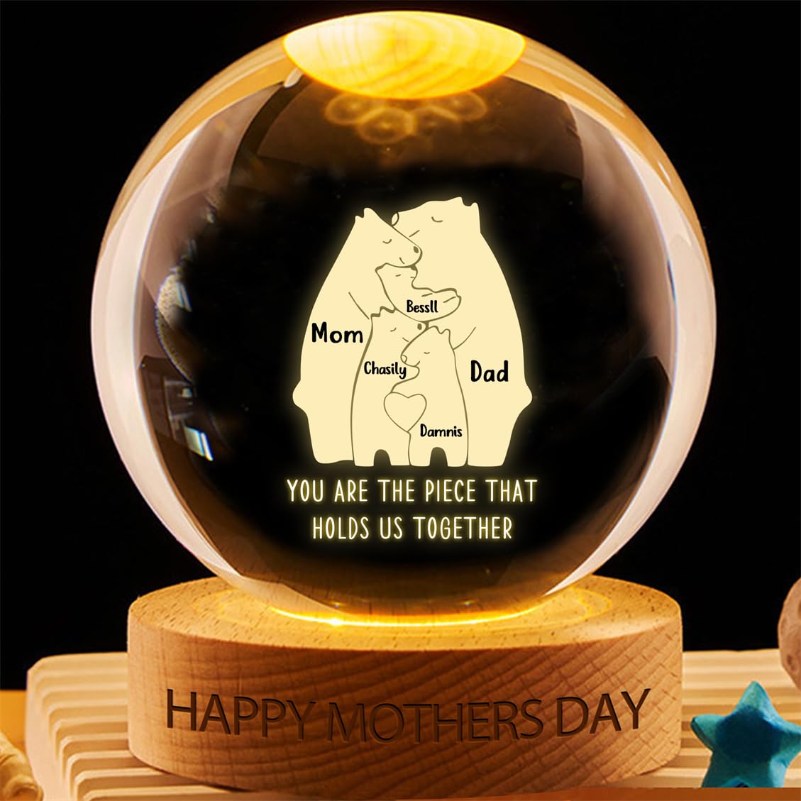 Wasetell Personalized Bear Puzzle Piece Crystal Ball Lamp Custom Family Names Glass LED Night Light Mothers Day Crystal Ball Lamp Birthday Home Decor Keepsake Gift for Mom Grandma Nana