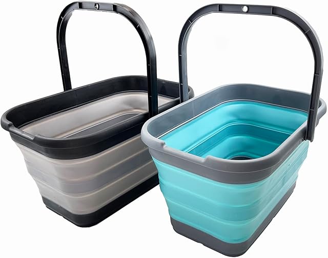 SAMMART 12L Collapsible Rectangular Handy Basket / Bucket (Alloy Grey + Crystal Blue (Set of 2))