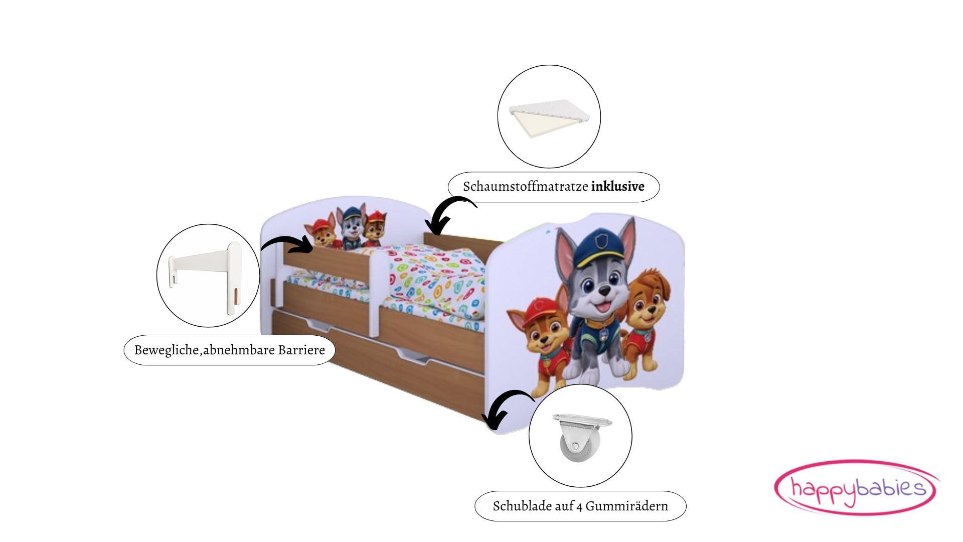 Happy Babies Kinderbett mit Rausfallschutz Junge 140x70 Bett für Kinderzimmer mit Schublade Matratze Einzelbett für Kinder Weiß Blau Hundemotiv (Buche)