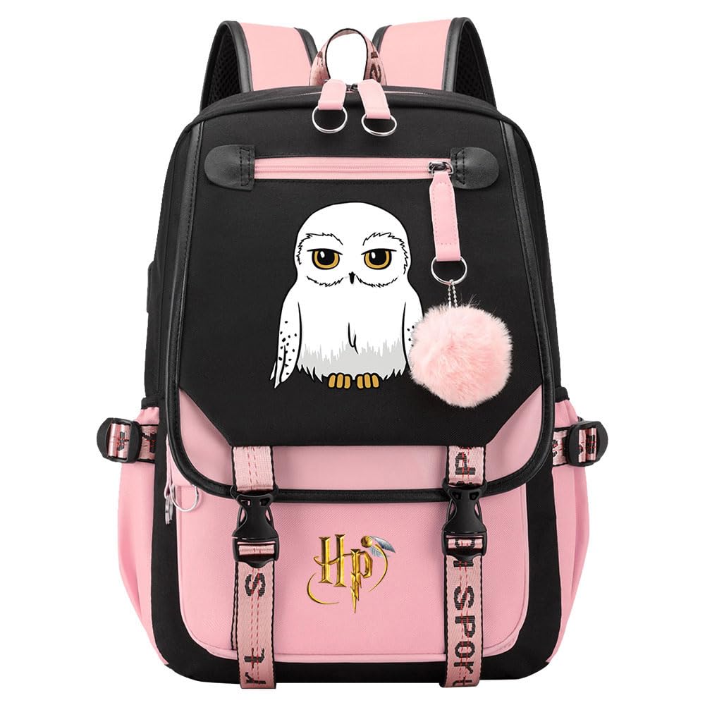 Meetiger Lightweight Owl Hedwig Rucksack Owl Book Bag Harry Magic School Bag Students Laptop Backpack with USB Charging Port Pink-A