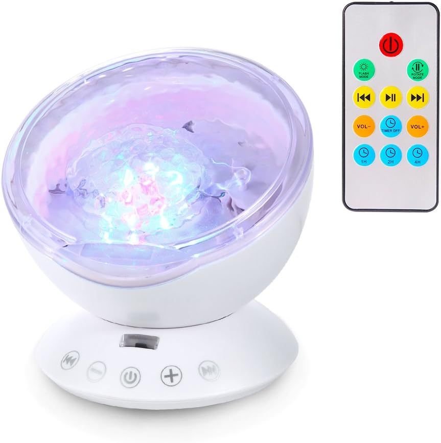 ALFALED Ocean Wave Projector Night Light, Built-in Soft Music Player Lamp Remote Control 7 Color 12 LED Timing Angle Rotatable for Kids Bedroom, Party, Festival,Nursery-white [Energy Class A+]