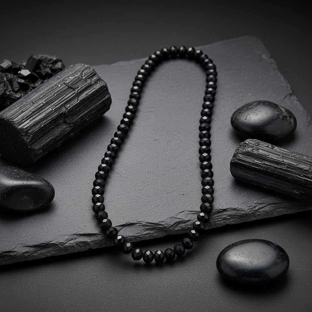 Gozby WellPoint Black Crystal Beaded Necklace for Men | 4mm Faceted Beads Mala Chain | 16 Inch Stylish Minimal Necklace | Trendy Fashion Jewelry for Boys & Men