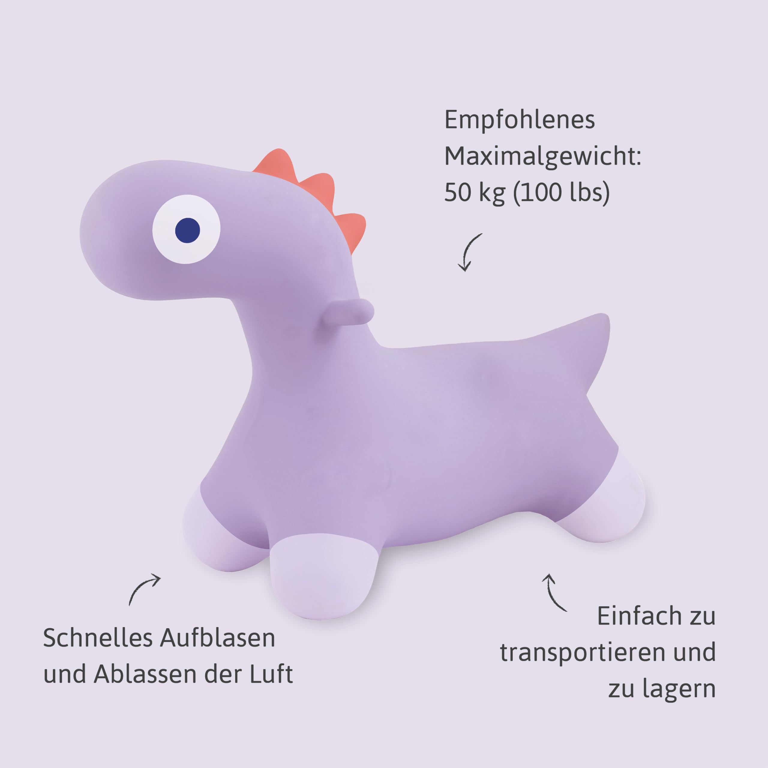 Quut Hoppi Dino Springen – Aufblasbares Gartenspielzeug für Kinder – Robustes Spielzeug für Draußen und Drinnen ab 18 Monaten (Lavendel) – Inklusive Pumpe