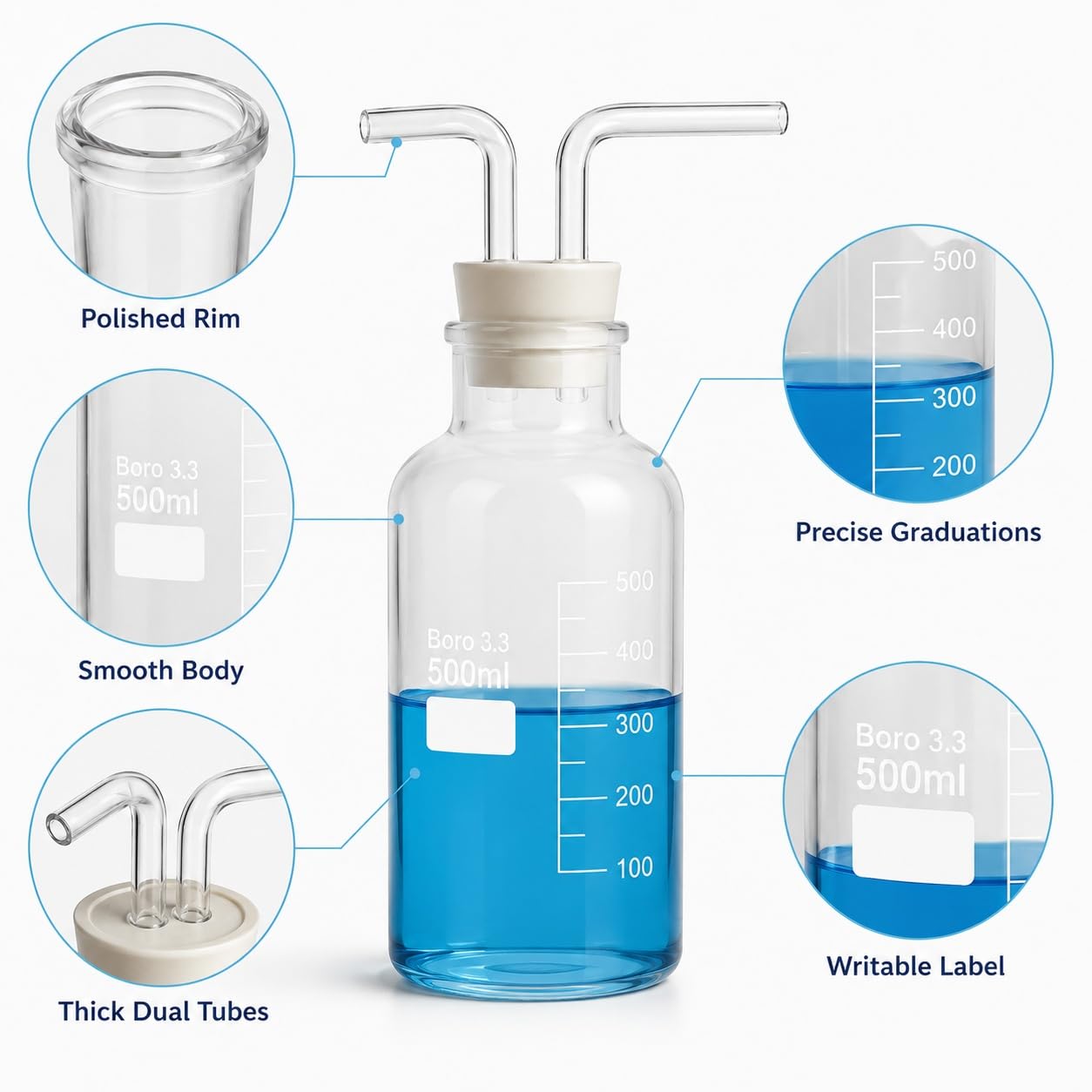 Zestaw Butelka Płuczka Gazowa Skalowana Szkło Borokrzemowe Chemia Lab-10000ml