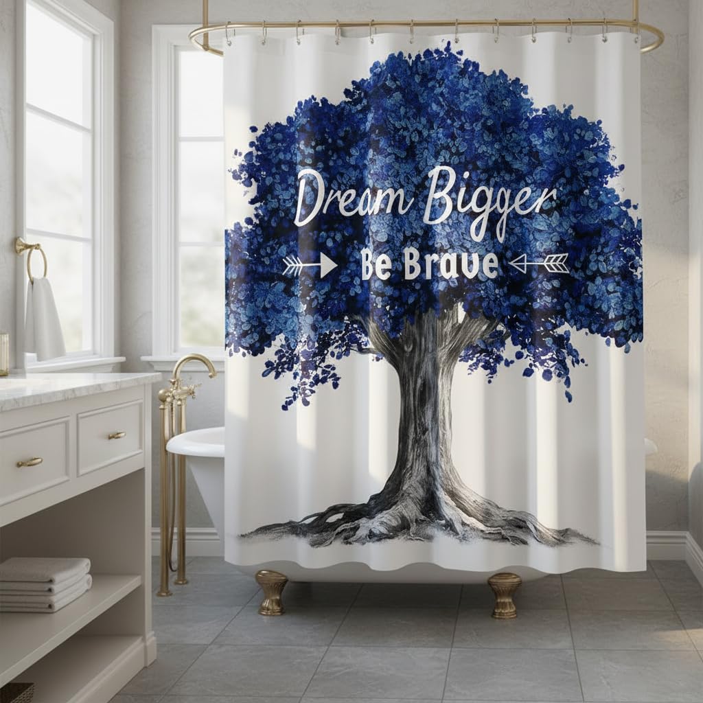 Tree Shower Curtain Dream Bigger Be Brave Bathroom Art, Blue Tree Inspirational Bathroom Decor, Motivational Quote Fabric Bath Curtain, Modern Minimalist Bathroom Art (Navy)