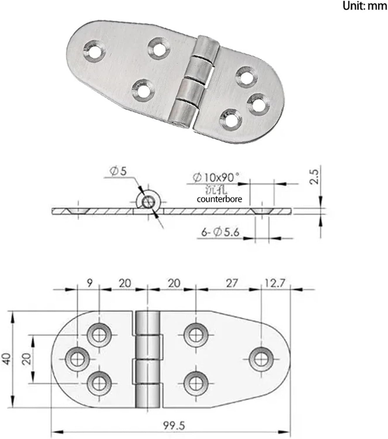 Rounded Stainless Steel Hinges Industrial Electrical Machinery Equipment Heavy-Duty 1Pcs(99.5mmX40mm)