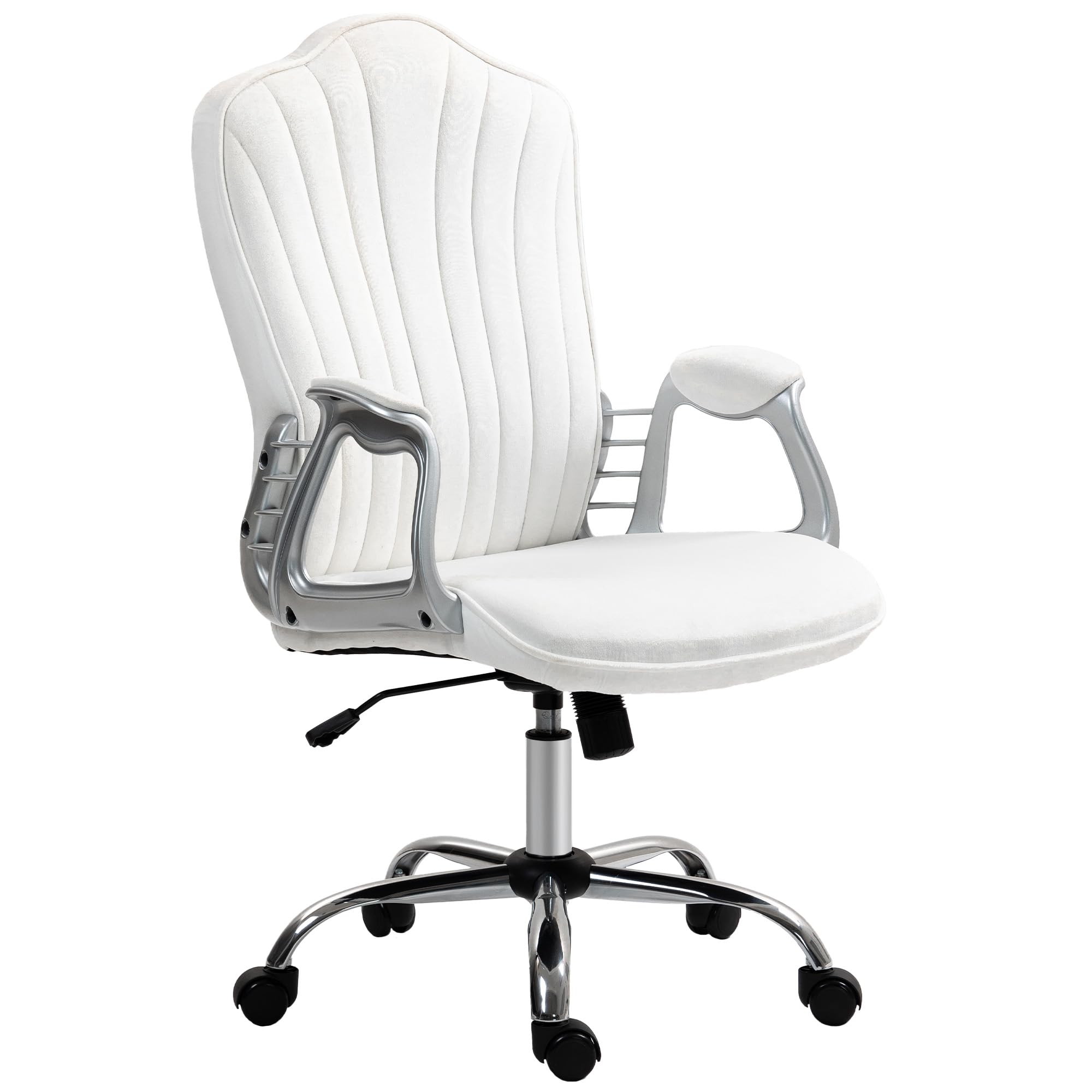 HOMCOM Silla de Oficina Silla de Escritorio Giratoria con Altura Ajustable Reposabrazos Respaldo Curvado Función de Basculante Blanco