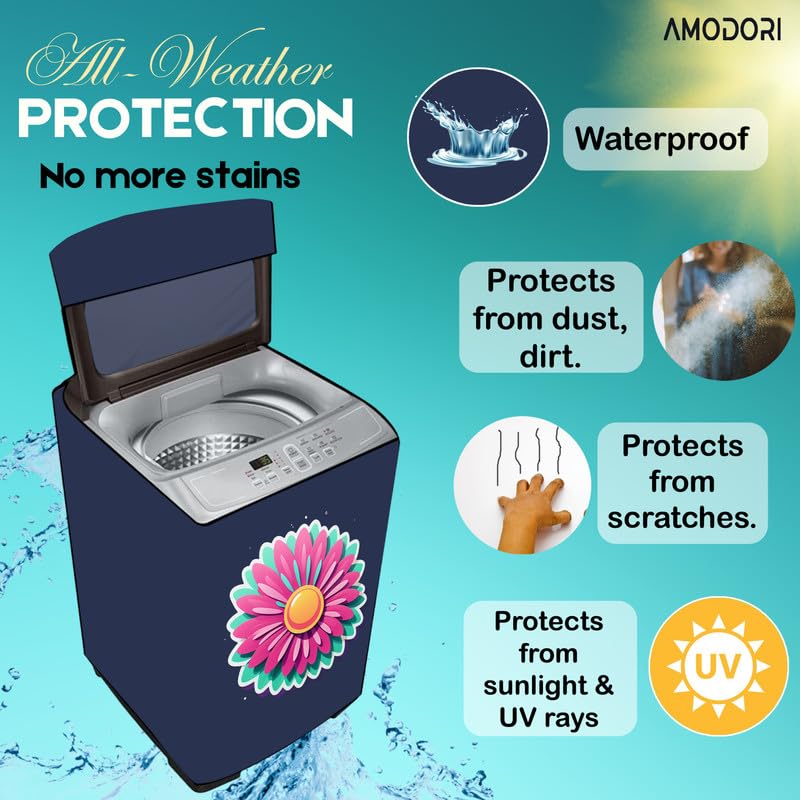 Image of Top-load washing machine cover Compatible for LG & SAMSUNG 8.5 Kg to 10KG Solid Blue flower bossom decal print