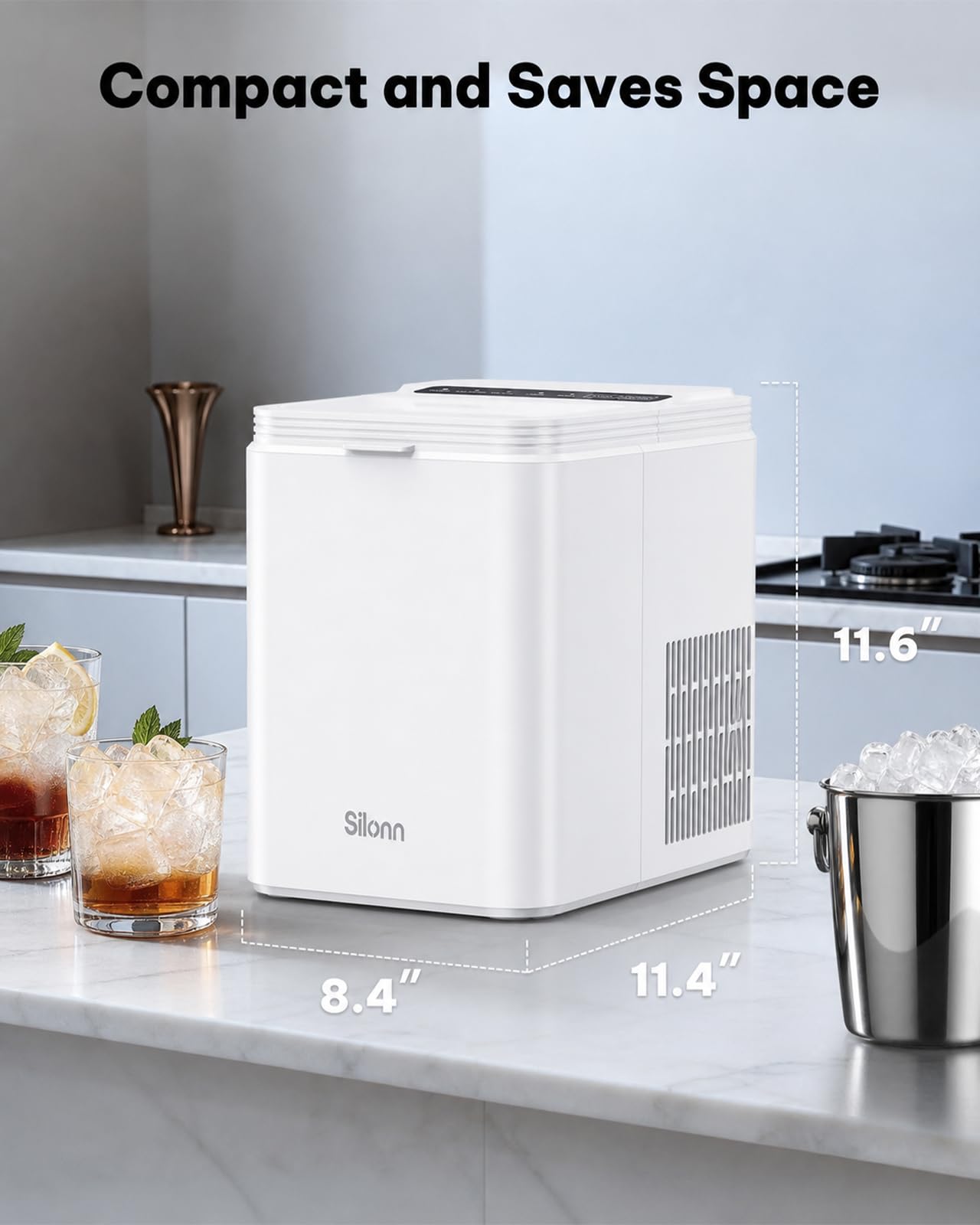 Silonn Ice Maker Countertop, 8 Ice Cubes in 6 Mins, 26.5 lbs/24H, 2 Bullet Ice Sizes, Self-Cleaning Bullet Ice Maker, Portable Ice Machine for Kitchen, Party, Office, and RV Camping view 7