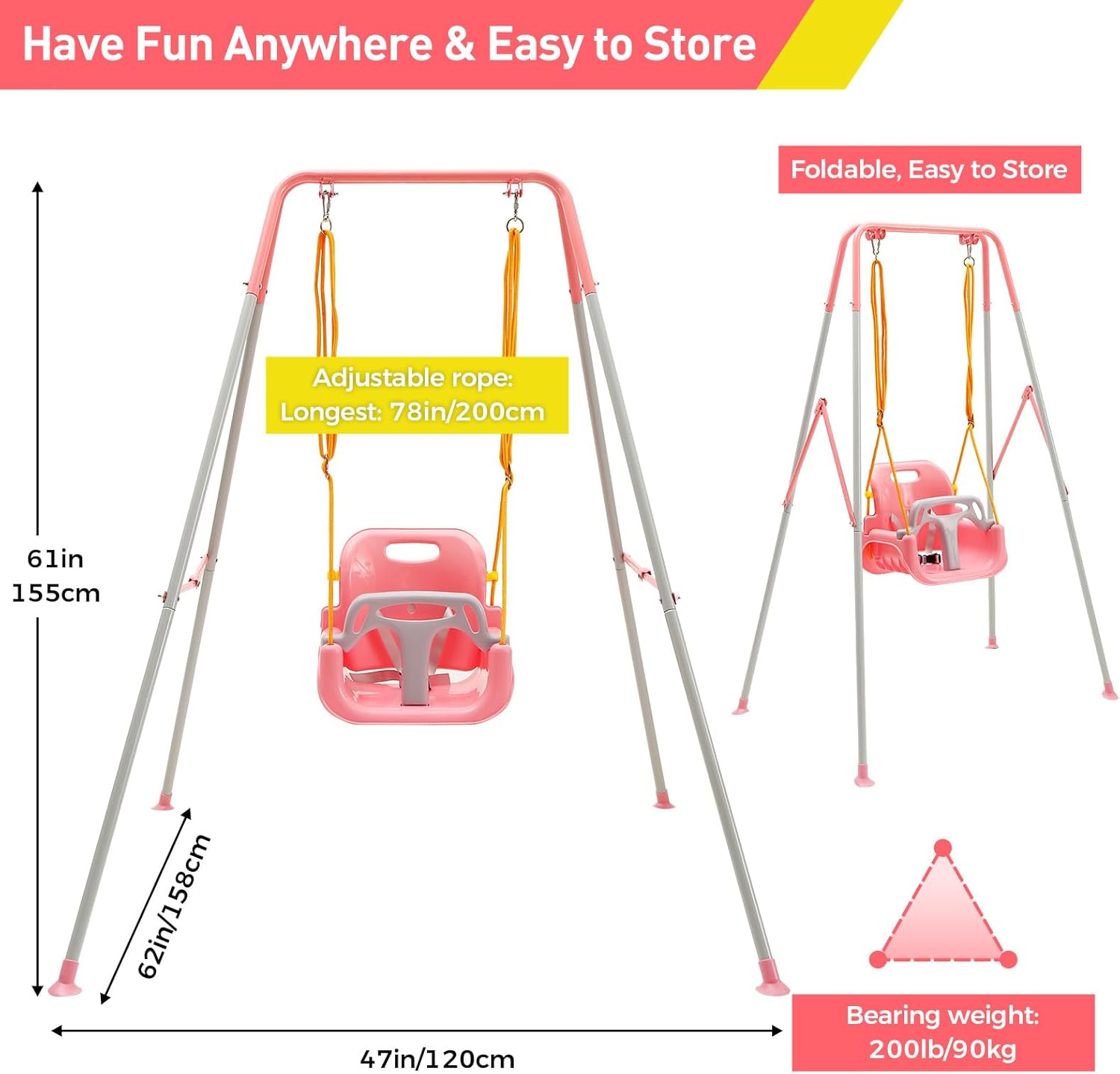 Diagram showing the dimensions of the FUNLIO 3-in-1 Swing Set (61in height, 62in width, 47in depth) and its foldable design for easy storage. Max bearing weight 200lb/90kg.