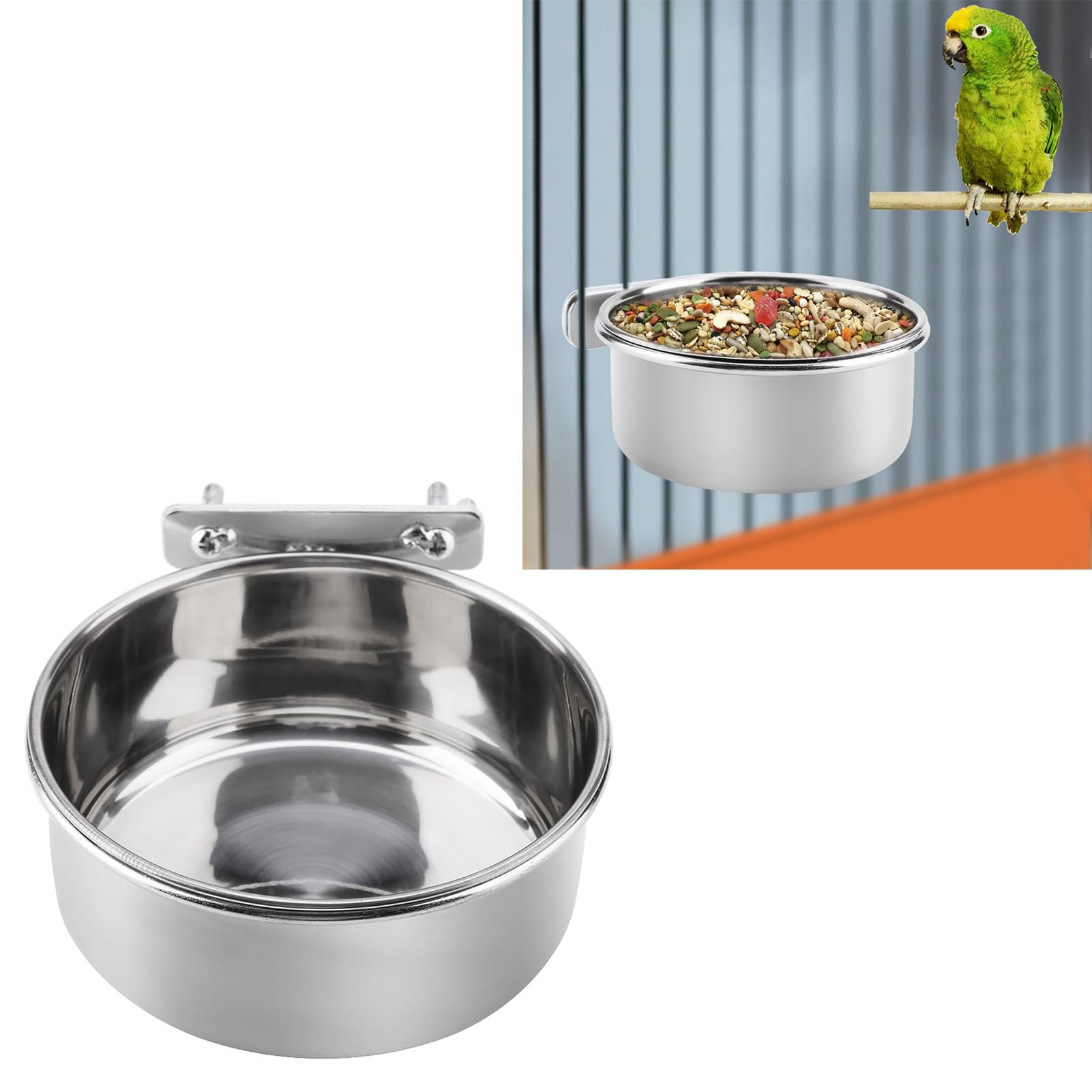 Appendere cibo regolabile acqua cibo ciotola di alimentazione in acciaio inox pappagallo parrocchetto alimentatore gabbia per uccelli accessorio bere tazza(L)