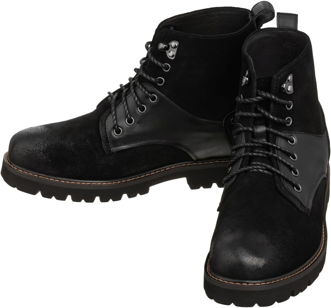 CALTO Men's Invisible Height Increasing Elevator Shoes - Black Nubuck Distressed Leather Round-Toe Lace-up Ankle Boots - 3.3 Inches Taller - K8701 - Size 10.5 D(M) US