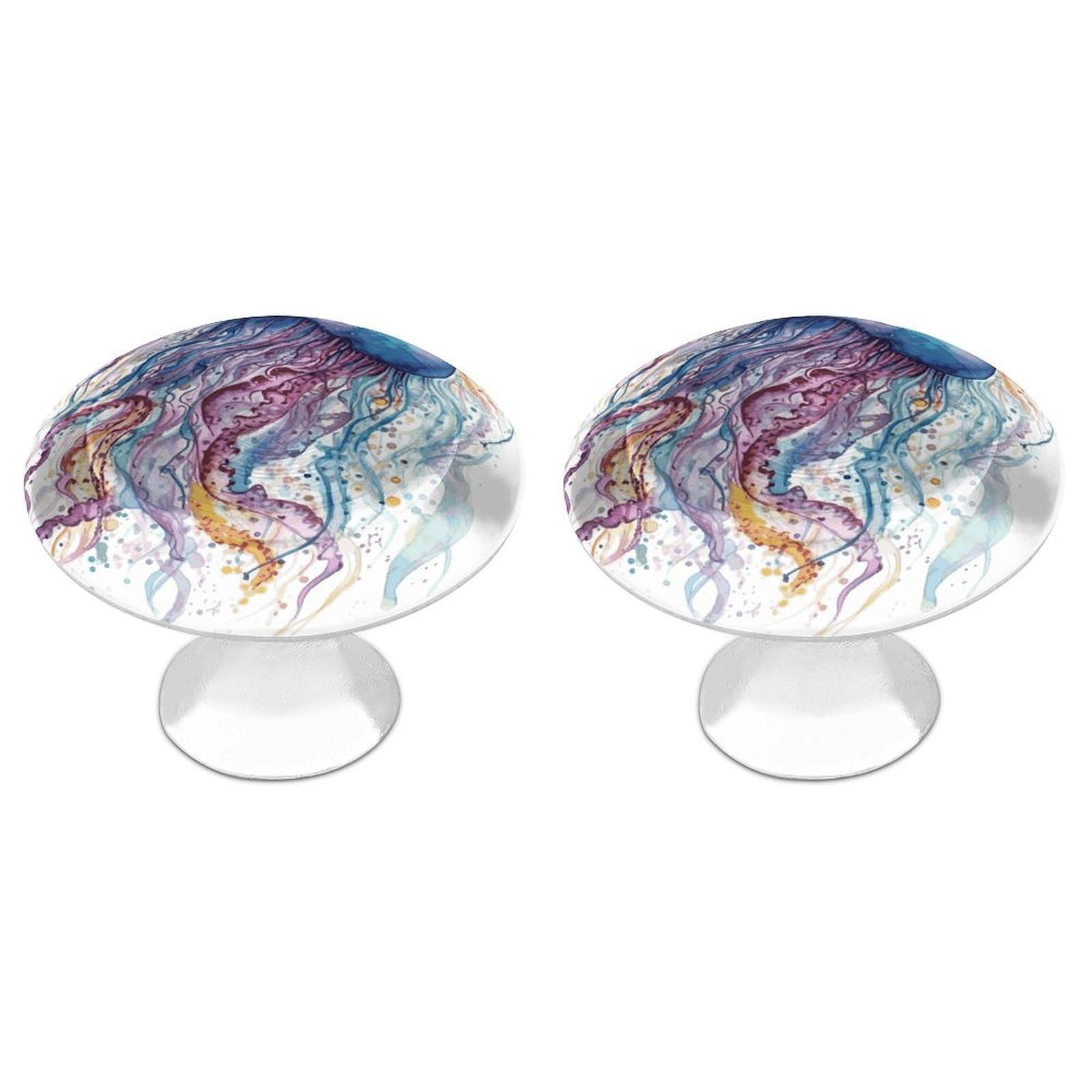 QMNLKH Watercolor Jellyfish Cabinet Knobs for Home, Round Drawer Pulls for Kitchen, Personalized Cupboard Handles with Screw, Fashion Dresser Knobs for Office, Drawer Handles, 2 Packs